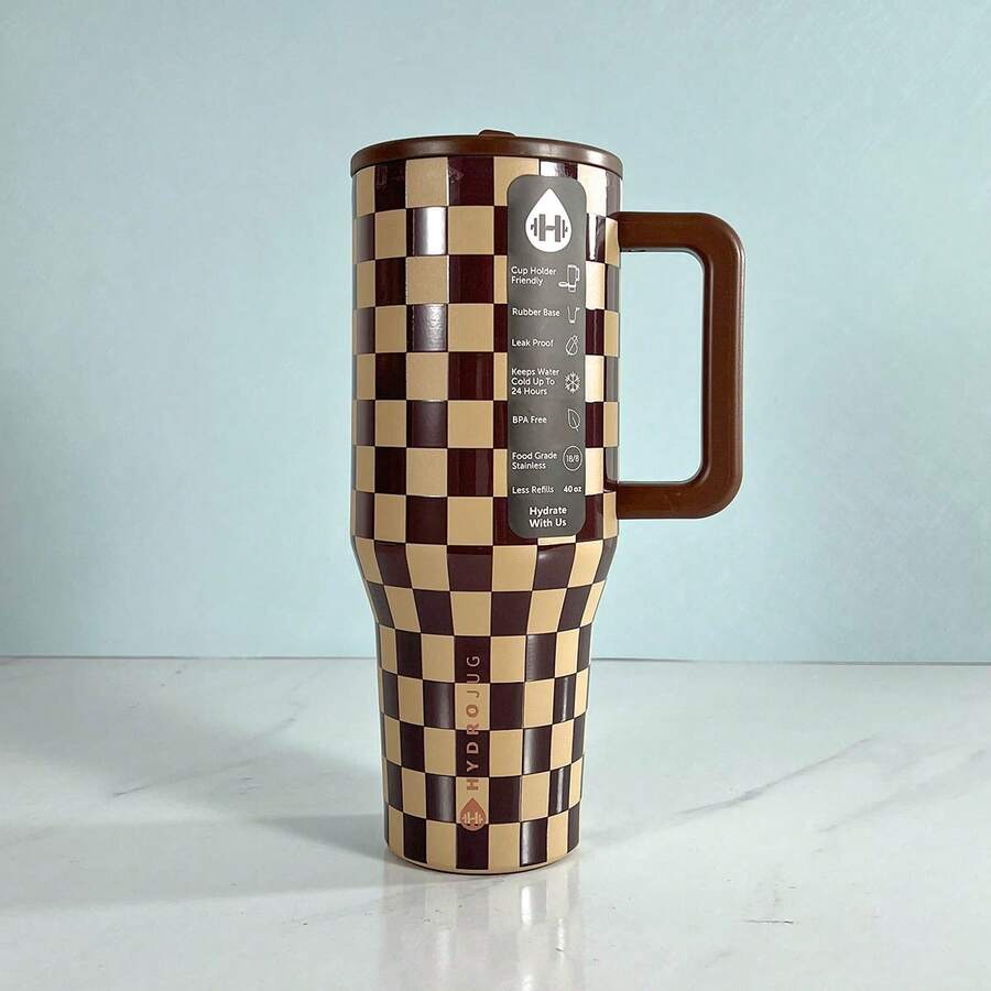 HYDRO JUG Cherry, Western Cowboy, Black And White Checkered Patterns Of Double Wall Insulated Stainless Stee With Straw 32oz/40oz Cup. Water Bottle. Flip-Straw, 24 Hours Cold, Completely Leak-Proof. Suitable For Water, Iced Tea Or Coffee, Ice Drinks , Hot Drinks, Juice. Suitable For Camping, Work, Indoor Use. Halloween Gifts, Christmas Gifts, Giving Gifts. - Màu nâu kẻ caro - 40oz - Xem 1