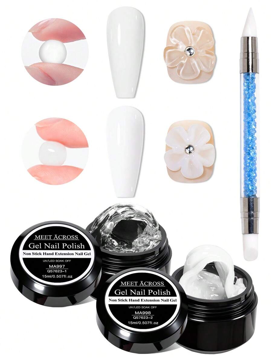 MEET ACROSS 2pcs 15ml Clear White Non Stick Hand Extension Gel Nail Polish Set With Flower Molds Sculpting Brush For 3D Shaping/Sculpting/Carving, Nail Art Solid Milky Jelly Hard Gel For Fake Nail Carving Flower Nail Art Acrylic Gel Varnish Rhinestone Glue Gel Easy To Operate Manicure For Home And Slaon Nail Supplies Nails - 彩色 - 查看 1