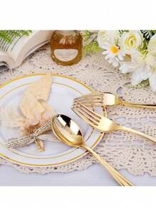 100/50/25/10pcs Gold Cutlery Set, Including Cake/Salad Forks, Spoons, Reusable Plastic Tableware, Suitable For Home, Restaurant, Wedding, Outdoor, Birthday, Party, Holiday Gathering, Personalized Gift, Valentine's Day, Celebration Party, Kitchen & Dining, Kitchenware Set - Gold - View 4