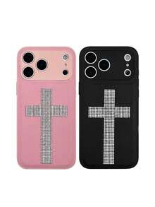Y2K Punk Rhinestone Cross Faux Leather Phone Case Compatible With IPhone 17 Pro Max 16 15 14 13 12 11 Pro Max 16 15 14 Plus Soft Back Cover - Black - View 4