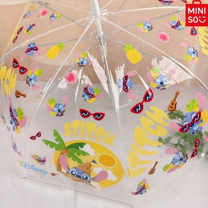 Miniso Transparent Straight Handle Cartoon Pattern PVC Material Lightweight Durable Reinforced Windproof Rainproof Suitable For Daily Commute