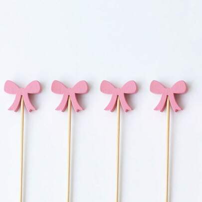 Pink Bow Toothpicks, Elegant Pink Bow Cocktail Toothpicks - Handmade Natural Bamboo Toothpicks, Suitable For Birthday Party Supplies, Can Be Used For Drinks, Appetizers, Baking, Wedding Desserts, Parties, Cakes And Cupcake Decorations As Well As Party Foods (Fruits, Sweets).