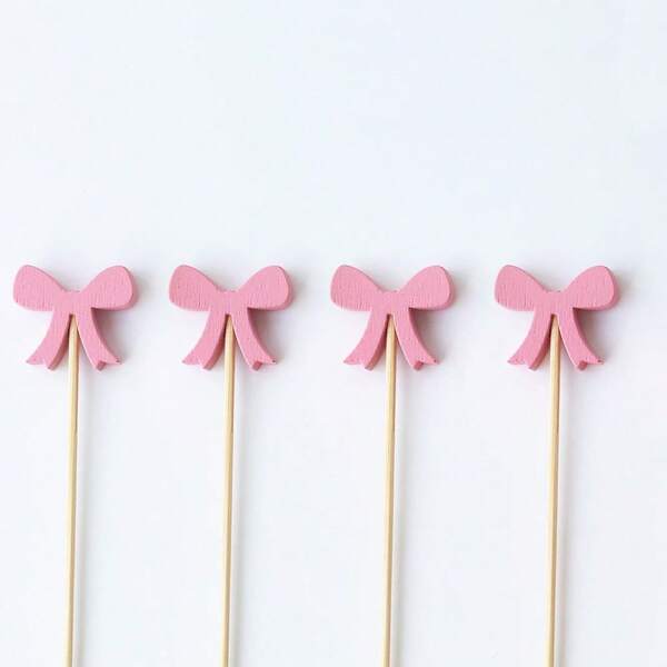 粉色蝴蝶结牙签，优雅的粉色蝴蝶结鸡尾酒牙签 - 手工天然竹牙签，适合生日派对用品，可用于饮料、开胃菜、烘焙、婚礼甜点、派对、蛋糕和纸杯蛋糕装饰以及派对食品（水果、糖果）。