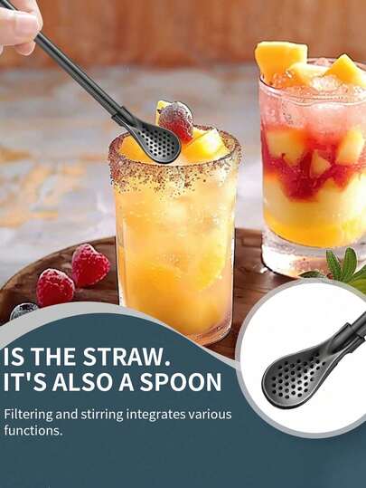 1pc Stainless Steel Straw Spoon With Detachable Filter, Reusable Coffee/Juice Stirring Tool For Kitchen, Dining, Living Room, Party, Family Gathering, Dust Cap Included