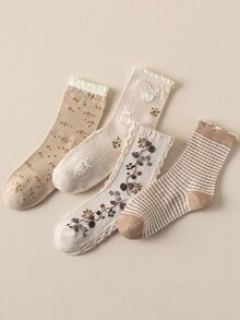 1/4 Pair Nude Lace Ruffle Bunny Print Striped Pattern Breathable Cute Elastic Casual Student Mid-Calf Socks, Suitable For Easter & Autumn - Multicolor - View 5