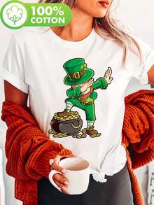 St Patricks Day Leprechaun Print T-Shirt, Short Sleeve Crew Neck Casual Top For Summer & Spring, Unisex's Clothing - Black - View 1