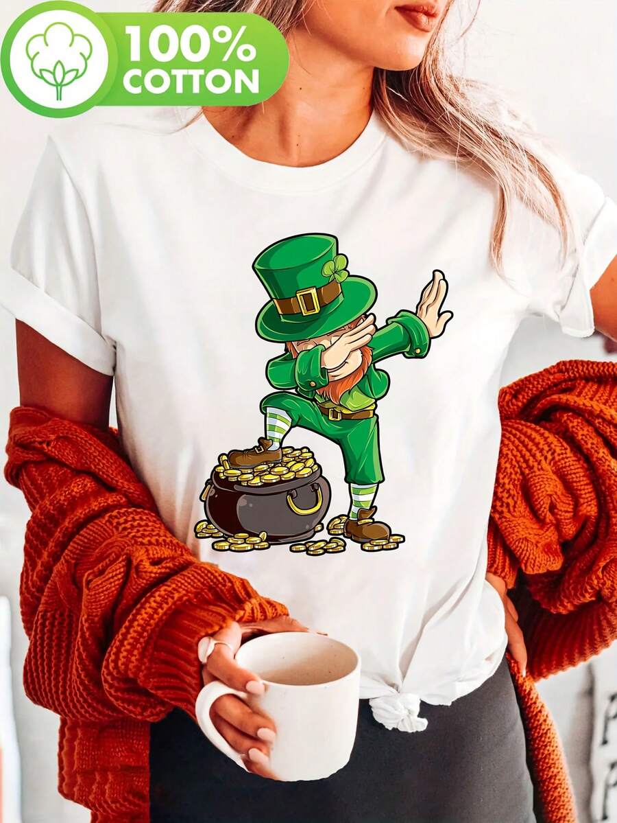 St Patricks Day Leprechaun Print T-Shirt, Short Sleeve Crew Neck Casual Top For Summer & Spring, Unisex's Clothing - Black - View 1