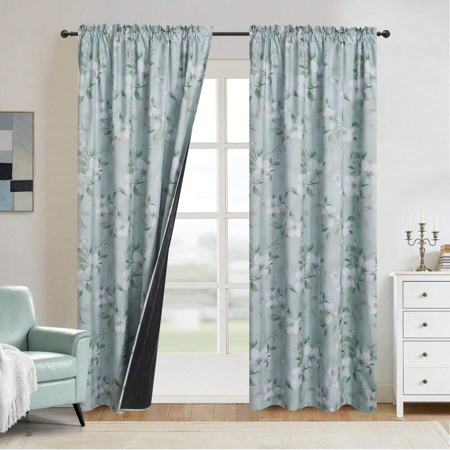 2pcs Rose Print Blackout Curtain With Iron Rings - Multicolor - View 1