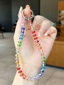 Summer Colorful Beaded Crystal Lanyard Strap, Fashionable Long Diagonal Phone Hanging Chain, Luxury Crystal Bead Phone Lanyard, Short Beaded Keychain Wristlet - Multicolor - View 1