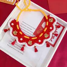 可爱新年宠物珍珠流苏手工幸运符领结头巾，适合小猫小狗庆祝节日的拍照道具礼物 - 紅色 - 查看 7