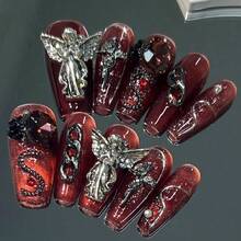 10 Pieces Of Hand Pressed Nail Art, Spring/Summer Nail Polish, Fake Nails, DIY, Dark Nipples And Cross Nail Accessories Red Nails For Girls, Ladies To Use In Weddings, Stages, Proms, Parties, Holidays, Vacation Scenes - SJ0363-L - 查看 2