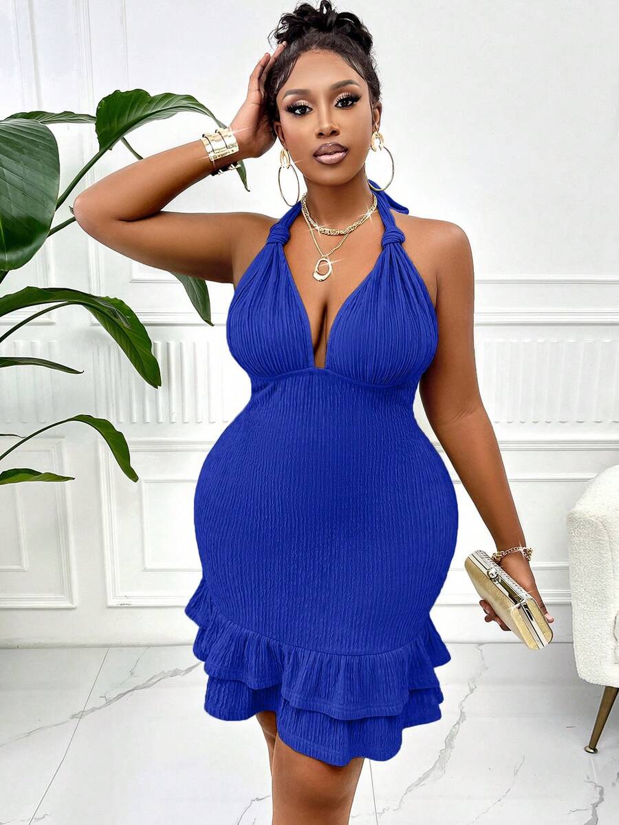 BIUBIU Plus Size Women's Elegant Navy Blue Backless Spaghetti Strap Mini Dress, V-Neck Ruffle Trim Bodycon Party Dress For Summer Vacation - Denim Blue - View 1
