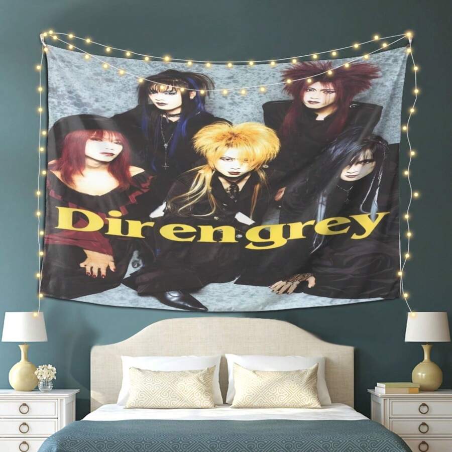Dir En Grey Anime Band Tapestry - Dark Gothic Decor With Band Members, Soft Peach Light Beige Fabric Poster For Living Room, Dorm, Studio - No Electricity Needed, Easy Hanging Wall Art For Anime Fans & Gothic Home Decoration, Anime Room Decor, Dorm Room Accessory, Bold Graphic Design, Durable Fabric, Dorm Room Essentials, Highquality Print, Otaku Culture - 1PC - View 1
