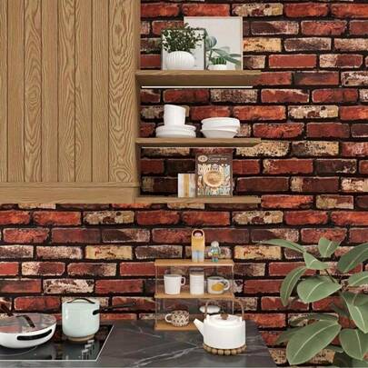 1 Roll Of Red Brick Pattern That Is Peeled And Pasted Wallpaper, Self-Adhesive Removable Wallpaper, Red Artificial Brick Contact Paper, Waterproof Decoration, Easy To Install, Contact Paper, Suitable For Kitchen Splash-Proof Board, Home Decoration Paper