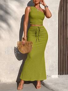 AIJ Women's Casual Striped Ruffle Cropped Top And Ruffle Mermaid Skirt 2 Pieces Set (Random Print), Summer Vacation - Green - View 4