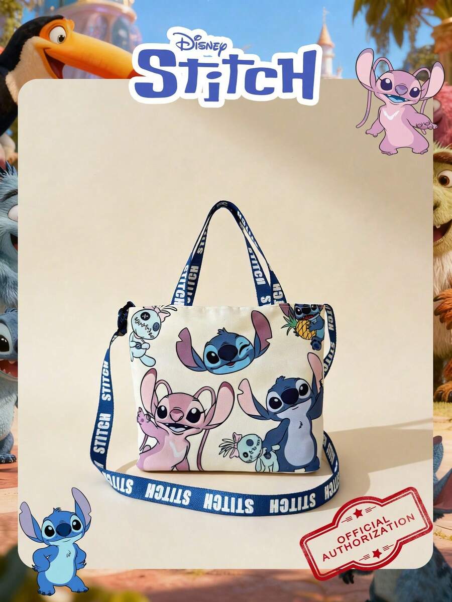 Disney Official Licensed 1 Pc Cartoon Stitch Printed Lunch Bag, Mischievous Stitch Lunch Bag & Fun Bucket Bag Cute Cartoon Hand Bag Candy Bag For Daily Use, Casual Canvas Shoulder Bag For Easy Carry – For StudentsTeenagers/Teens/Young Adults/Zoomers Perfect For Daily/Shopping/Going Out - Beige - View 1