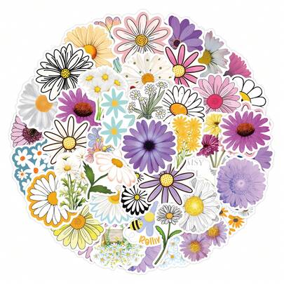 55张雏菊贴纸 - 非常适合装饰您的日记本、剪贴簿、派对用品、水瓶、电脑、汽车、行李箱、手工卡片装饰、笔记本电脑、平板电脑贴纸等等！
