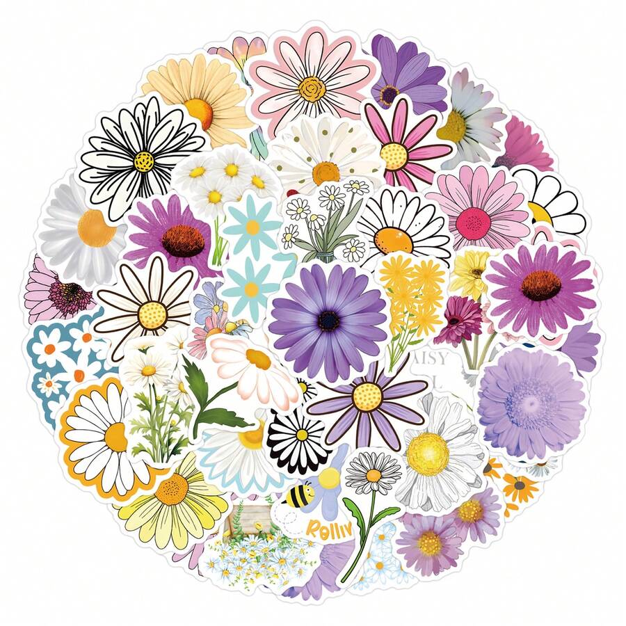 55张雏菊贴纸 - 非常适合装饰您的日记本、剪贴簿、派对用品、水瓶、电脑、汽车、行李箱、手工卡片装饰、笔记本电脑、平板电脑贴纸等等！ - 彩色 - 查看 1