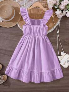 Tween Girls White Ruffled Hem Elegant Dress, Spring/Summer - Purple - View 2