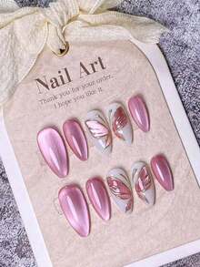 10 Pieces Of Handcrafted Press On Nails,Nails, Almond-Shaped Nails, French Tip Nails, Pink Nails, White Nails, Gold Nails, Glittery Pink's Eye And Hand-Carved Patterns Decorate Nail Surface. Simple And Elegant Style, Suitable Daily Use By Ladies And Girls. Comes With A Manicure Kit. - 粉色 - 查看 2