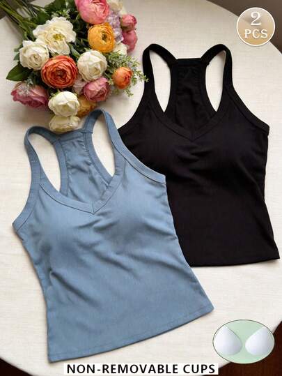 2pcs/Set Women's Summer Camisole Tops, Fitted Slim Solid Color Basic Camisole With Chest Pads
