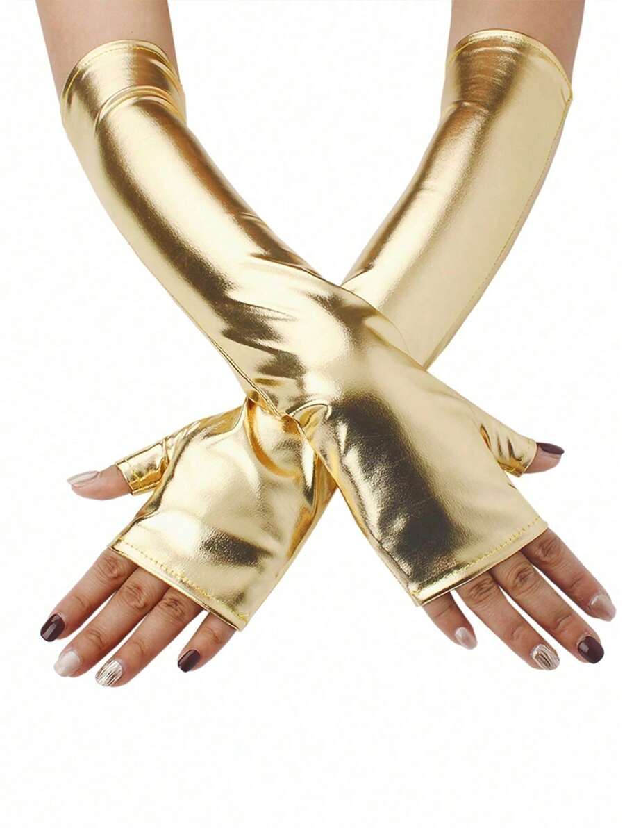 1 Pair Long Elastic PU Fingerless Gloves, Suitable For Party, Dance, Motorcycle Riding,Travel,Festival - Gold - View 1