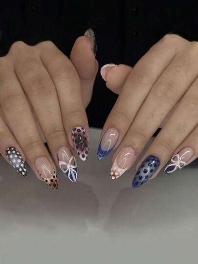 24 Pieces Of European And American Back To School Almond Shaped Retro Blue And White Contrasting Polka Dot Design Decorative Nail Patches, Fully Covered Fake Nails, Back To School Art Patches, Nail Art Supplies, Versatile Daily Wearing Nail Sets, Suitable For Office Women, Parties, Dates, And Daily Wear To Decorate Your Nails And Enhance Your Fashionable And Stylish Nails