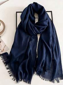 1 peça de xale/cachecol quente com franjas em imitação de linho, cor sólida, ideal para viagens, feito em tricô de bambu para mulheres. - Azul marinho - Ver 1