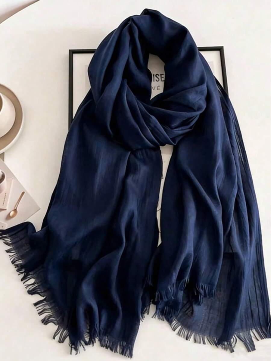 1 peça de xale/cachecol quente com franjas em imitação de linho, cor sólida, ideal para viagens, feito em tricô de bambu para mulheres. - Azul marinho - Ver 1