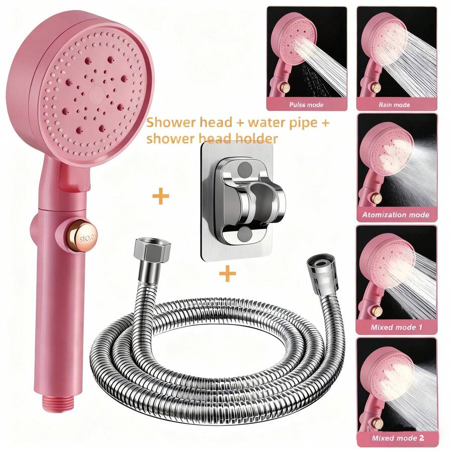 High-Pressure Pink Round Shower Head Set, Pressurized Bathroom Shower Faucet With On/Off Button, Multiple Spray Modes, Multi-Function Rain Shower Head, Bringing A Luxurious Home Bathing Experience, Bathroom Accessories, Bathroom Decoration - Multicolor - View 1
