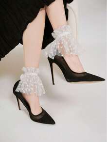 1 双女士薄纱荷叶边装饰短袖，甜美活力日常风，可拆卸袖子 - 白色-088 - 查看 3