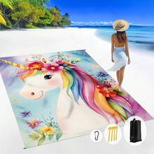 1pc 185*235CM Floral, Animal, Unicorn Printed Waterproof And Sand-Proof Extra Large Beach Blanket, Suitable For 2-3 People Outdoor Leisure Beach, Camping, Picnic, Lightweight And Durable - Multicolor - View 1