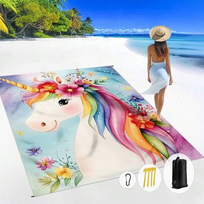 1pc 185*235CM Floral, Animal, Unicorn Printed Waterproof And Sand-Proof Extra Large Beach Blanket, Suitable For 2-3 People Outdoor Leisure Beach, Camping, Picnic, Lightweight And Durable