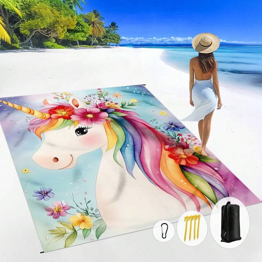1pc 185*235CM Floral, Animal, Unicorn Printed Waterproof And Sand-Proof Extra Large Beach Blanket, Suitable For 2-3 People Outdoor Leisure Beach, Camping, Picnic, Lightweight And Durable - Multicolor - View 1