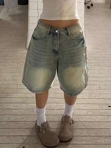 Teens/Young Women Oversized Vintage Washed Denim Bermuda Shorts, Casual Streetwear - Light Wash - View 4