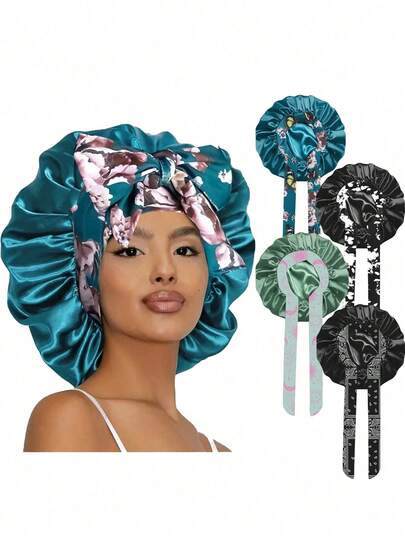 1pc Women's Satin Printed Sleeping Cap, Casual & Comfortable, Can Be Used As Sleeping Cap Or Headscarf