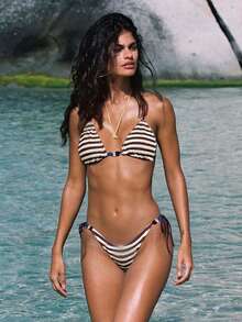 Women's Striped/Solid Bikini Sets Beads Triangle Swimsuits 2 Piece String High Cut Cheeky Bathing Suits - Multicolor - View 3