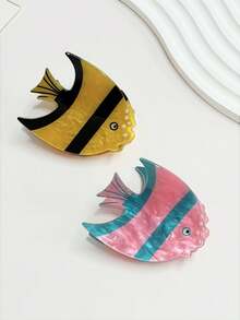 1件装女士甜美可爱仿珍珠海洋元素仿条纹鱼发夹，粉色、黄色、蓝色可选，马尾发髻发型配饰，适合海滩度假、日常出行，优雅可爱 - 彩色 - 查看 9