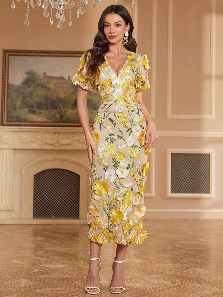 Women's Floral Embroidery Maxi Dress Wedding Guest Dress Evening Party Dress - Yellow - View 1