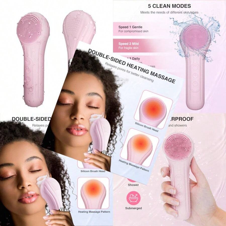 5 Modes Silicone Face Scrubber Waterproof Face Scrubber Exfoliator For Men And Women Rechargeable Electric Facial Cleansing Brush For Deep Cleansing Exfoliating Massage Pink - Hồng - Xem 1