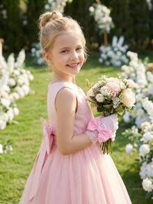 1 Pair 3-10Y Kids Satin Smooth Elastic Velvet Bow Gloves, Soft Satin Flower Girl Gloves For Girls Pageant, Ballet Recital, Princess Birthday & Wedding - 1Pair - View 8