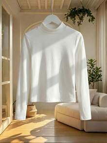 高弹力女士纯色修身/常规版型高领长袖T恤，简约风格，适合春、秋、冬季穿着，适合外出、度假、日常穿着、办公和居家穿着。 - 白色 - 查看 8