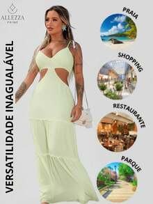 Vestido Longo Feminino Detalhe Abertura Vazado Recorte Fenda Verão Festa  Festa  Casual  elegante  Sensual - Verde Menta - Visão 6