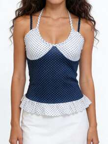 Women's Polka Dot Peplum Cami Top, Contrast Color Block Ruffle Hem Tank, Cute Halter Tie Strap Summer Vest - Mixed Colors - View 1