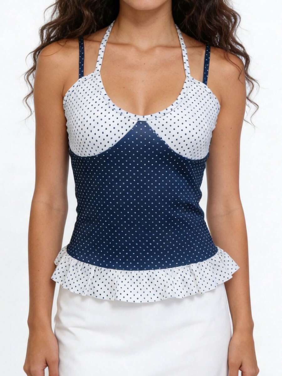 Women's Polka Dot Peplum Cami Top, Contrast Color Block Ruffle Hem Tank, Cute Halter Tie Strap Summer Vest - Mixed Colors - View 1