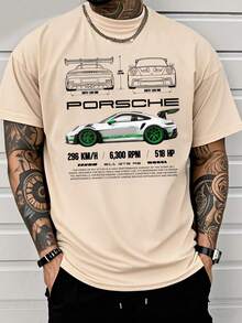 911 GT3 RS Car Graphic Tee With Specs Print Casual Oversized Short Sleeve Top, 220 Grams Heavyweight 100 Percent Cotton Graphic T Shirts,Men's Gifts,Funny T-Shirt,Valentine's Day - 杏色 - 查看 1