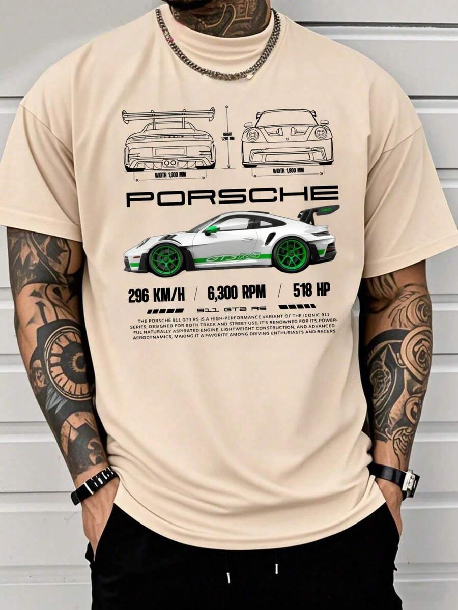 911 GT3 RS Car Graphic Tee With Specs Print Casual Oversized Short Sleeve Top, 220 Grams Heavyweight 100 Percent Cotton Graphic T Shirts,Men's Gifts,Funny T-Shirt,Valentine's Day - 杏色 - 查看 1