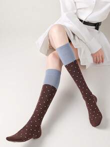 1 par de calcetines altos hasta la rodilla de mujer a lunares con color contrastante, dulces y versátiles, calcetines suaves - Multicolor - Ver 13