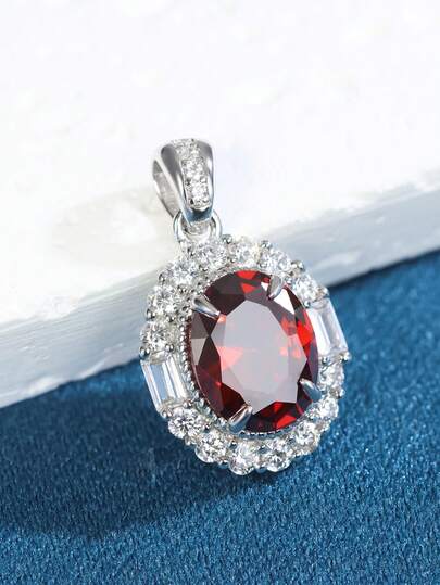 1 pieza Collar colgante de plata S925 con óvalo de granate rojo, con una piedra principal de granate rojo vibrante acentuada con diamantes engastados, diseño lujoso, de alta calidad, adecuado para eventos formales, galas y regalos navideños