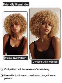 QVR QUEEN VIRGIN REMY QVR 非洲卷曲波波头假发，带刘海，真人发，佩戴方便，无需胶水，无蕾丝，蜜金色柔软原生雷米发，适合日常佩戴，200% 密度，易于佩戴，机织波波头假发，带刘海。 - S27 - 查看 7